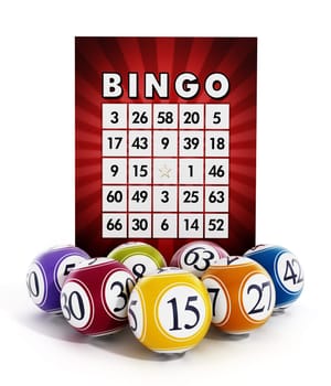 Bingo card and balls with numbers isolated on white background