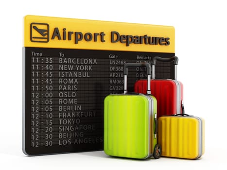 Airport departure board and suitcases isolated on white background