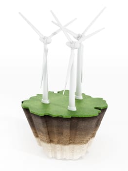 Wind turbines on the grass isolated on white background