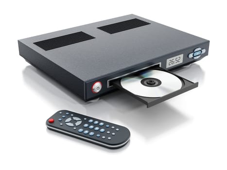 Blu-ray player with open disc tray and remote controller