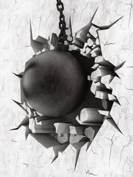 Wrecking ball demoslishes the wall.
