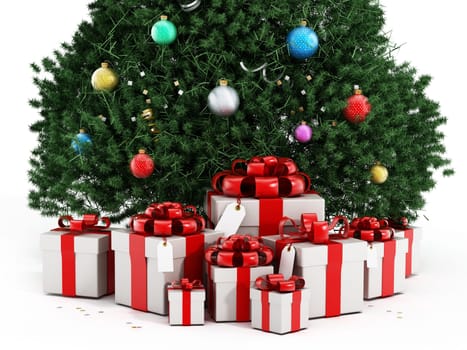 Christmas tree and giftboxes isolated on white background.