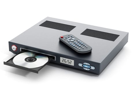 Blu-ray player with open disc tray and remote controller