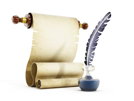 Parchment, quill and ink isolated on white background