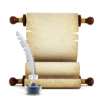 Parchment, quill and ink isolated on white background