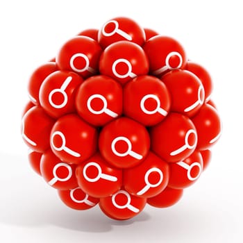 Magnifying glass icon inside red spheres isolated on white background