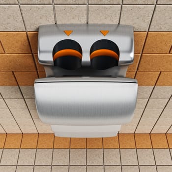 Hand dryer hanging on the public restroom wall