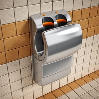 Hand dryer hanging on the public restroom wall