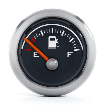 Fuel gauge with orange needle pointing empty