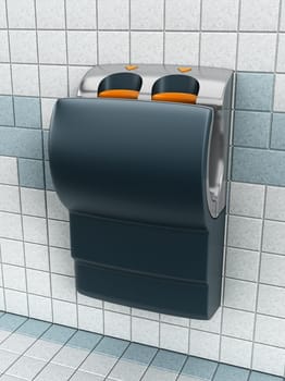 Hand dryer hanging on the public restroom wall