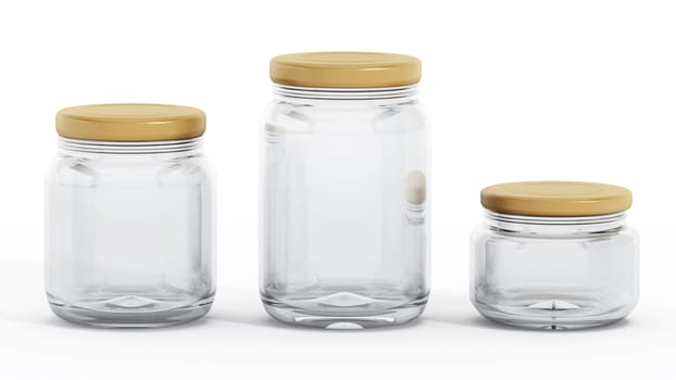 Glass jars with red lids isolated on white background