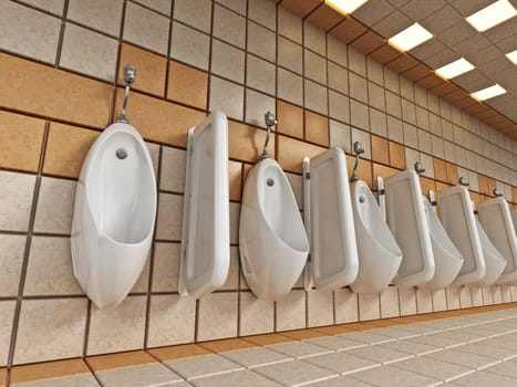 Public restroom with urinals hanging on the walls.