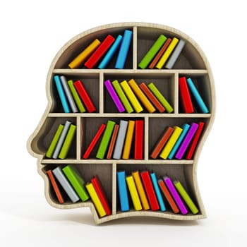 Books inside head shaped bookshelf isolated on white background