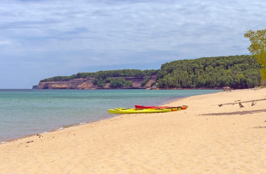 Sea Kayaks Ready to Head Out on Miners Beach on Lake Superior in Pictured Rocks National Lakeshore in Michigan