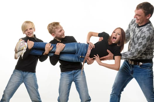 Dad and sons pull sister in different directions, white background