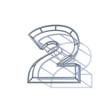 Steel wire frame font Number 2 TWO 3D render illustration isolated on white background
