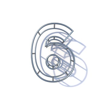 Steel wire frame font Number 6 SIX 3D render illustration isolated on white background
