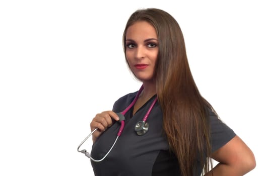 nurse on white background medical health care stethoscope hospital professional woman