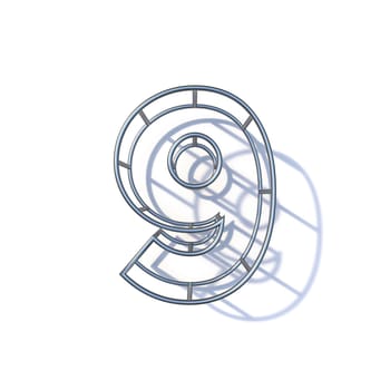 Steel wire frame font Number 9 NINE 3D render illustration isolated on white background