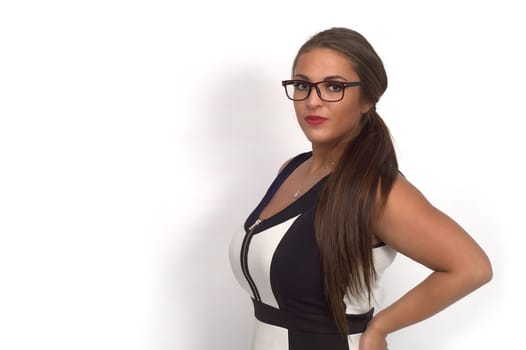 women portrait wearing glasses on white background studio shot pretty girl smiling