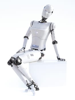 3D rendering of a android robot woman sitting smiling and posing on a white cube. Futuristic ai concept.