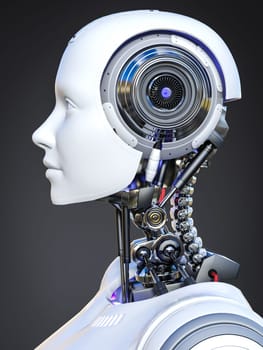 3D rendering head portrait of an android robot woman in profile side view. Dark background. Artificial intelligence concept.