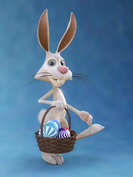 3D rendering of a cute Easter bunny rabbit with a fluffy tail holding a basket with painted Easter eggs. Blue background.