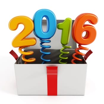 Number 2016 popping out of the giftbox isolated on white background.
