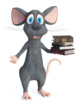 3D rendering of a cute smiling cartoon mouse holding a pile of books in its hand. White background.