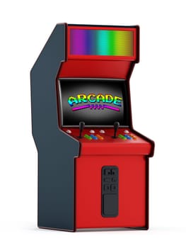 Vintage arcade machine with joysticks and push buttons for two people.