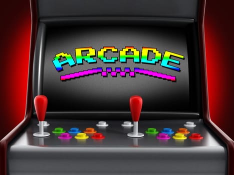 Vintage arcade machine with joysticks and push buttons for two people.