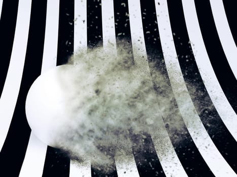 3D rendering of a white ball exploding into smoke. Black and white striped background.