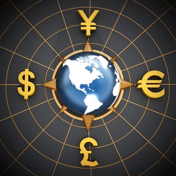 Dollar, Euro, Yen and Pound symbols around the blue globe