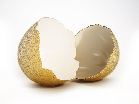 Broken egg with two shell parts isolated on white background