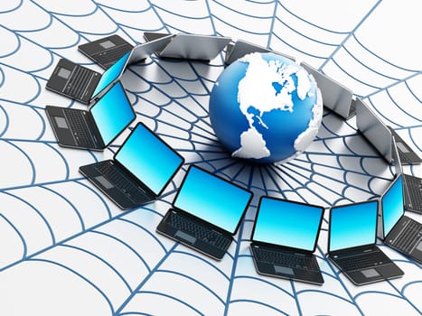 Global computer network with a spider web isolated on white background