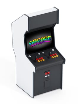 Vintage arcade machine with joysticks and push buttons for two people.