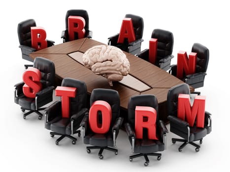 Boardroom table with red brainstorm text isolated on white background