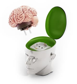 Brain with electricity plug connected to the human head.