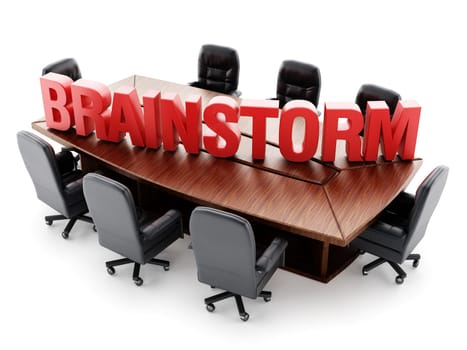 Boardroom table with red brainstorm text isolated on white background