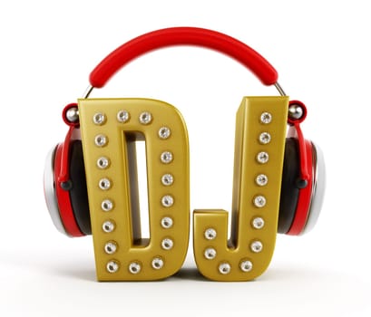 Red headphones on gold DJ word isolated on white background.