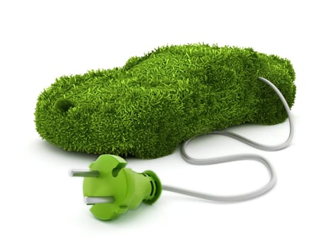 Green car covered with grass texture connected to the electric plug.