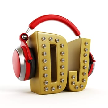 Red headphones on gold DJ word isolated on white background.