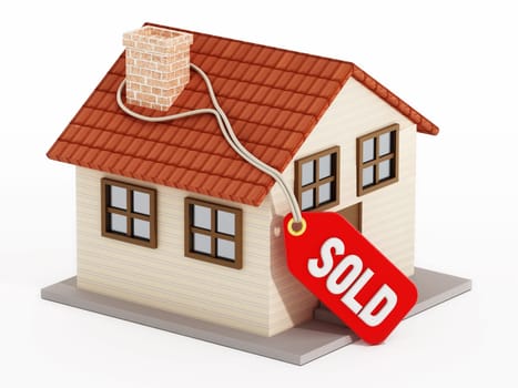 House with sold tag isolated on white background.