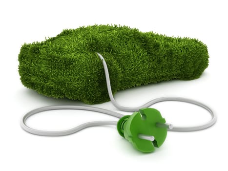 Green car covered with grass texture connected to the electric plug.