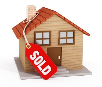 House with sold tag isolated on white background.