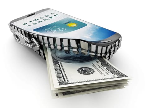 100 dollar bills coming out of the smartphone which is opened by a zipper.