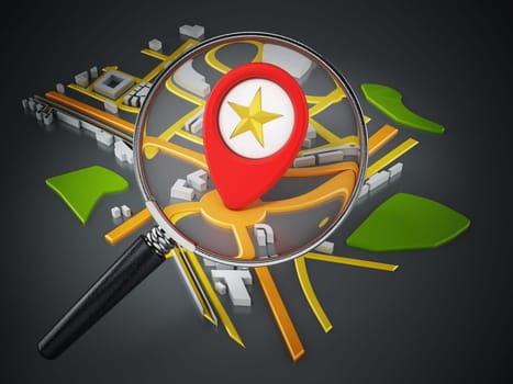 Magnifying glass on the red marker standing on navigation map.