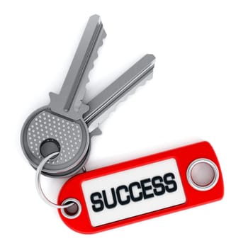 Key attached to success label isolated on white background