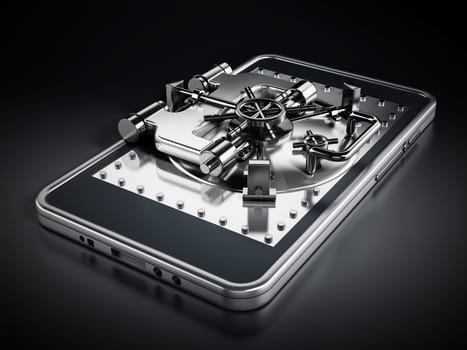 Silver vaulted safety door on smartphone screen on black background.