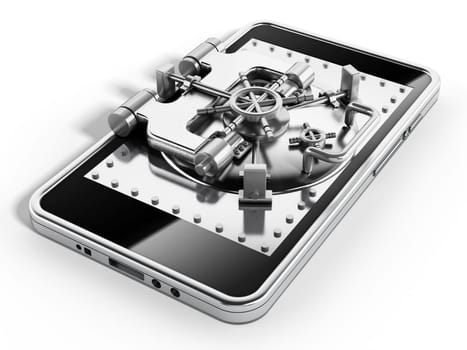 Silver vaulted safety door on smartphone screen isolated on white background.